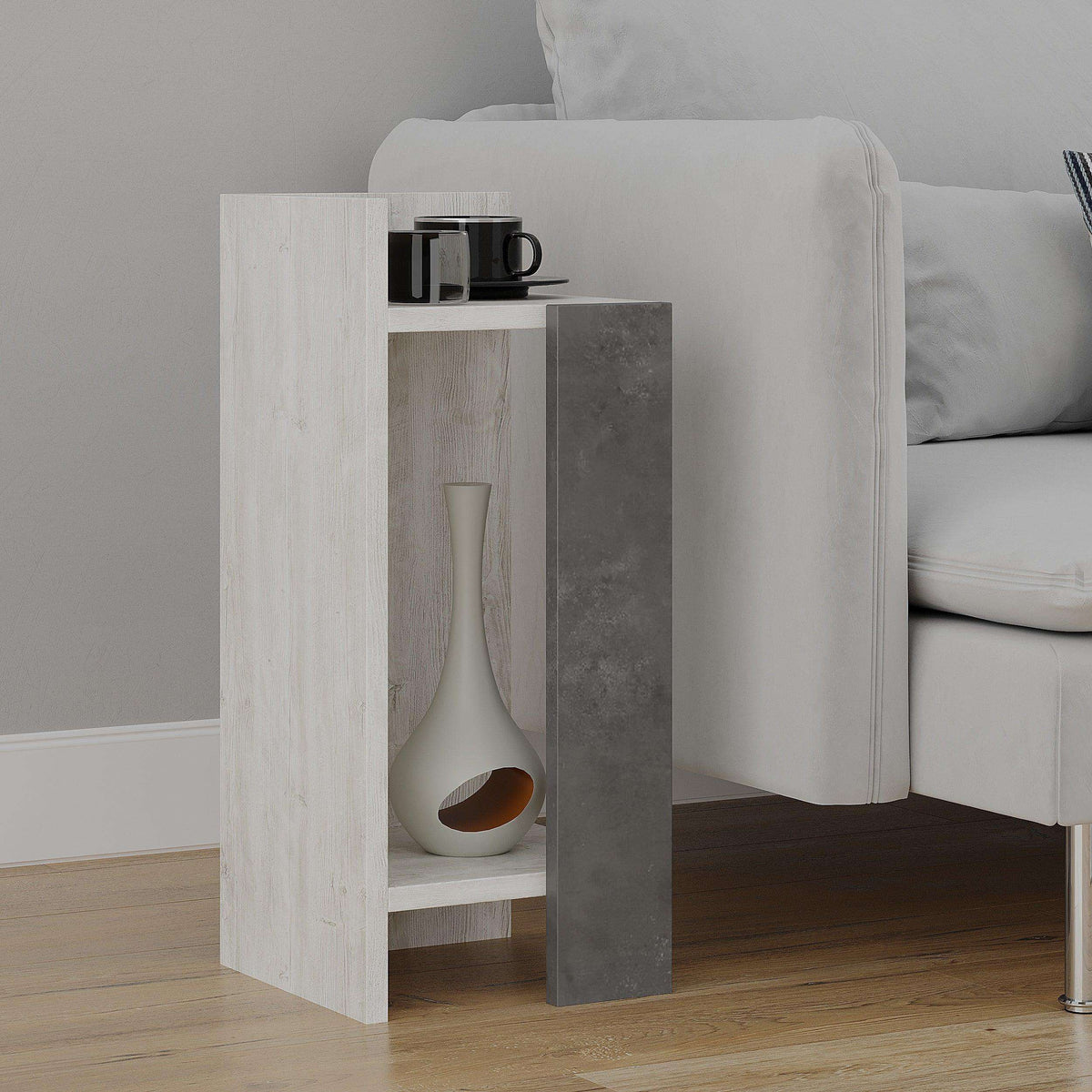 Narrow left bedside table module, light grey wood with dark grey side panel