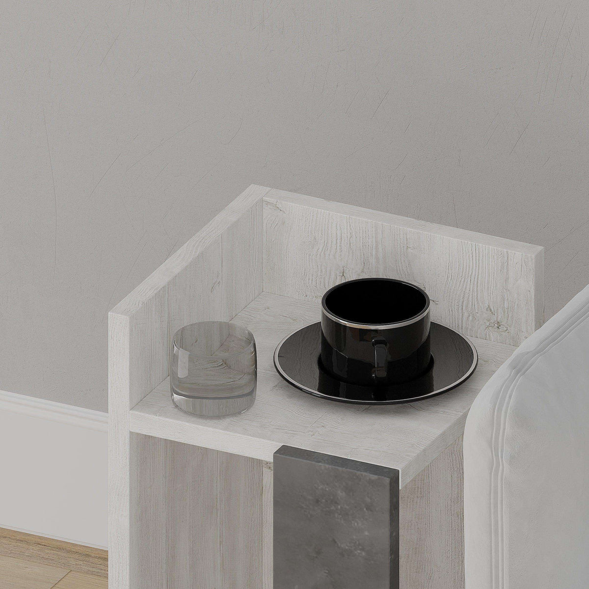 Wood-effect bedside table module top with black cup and glass holder