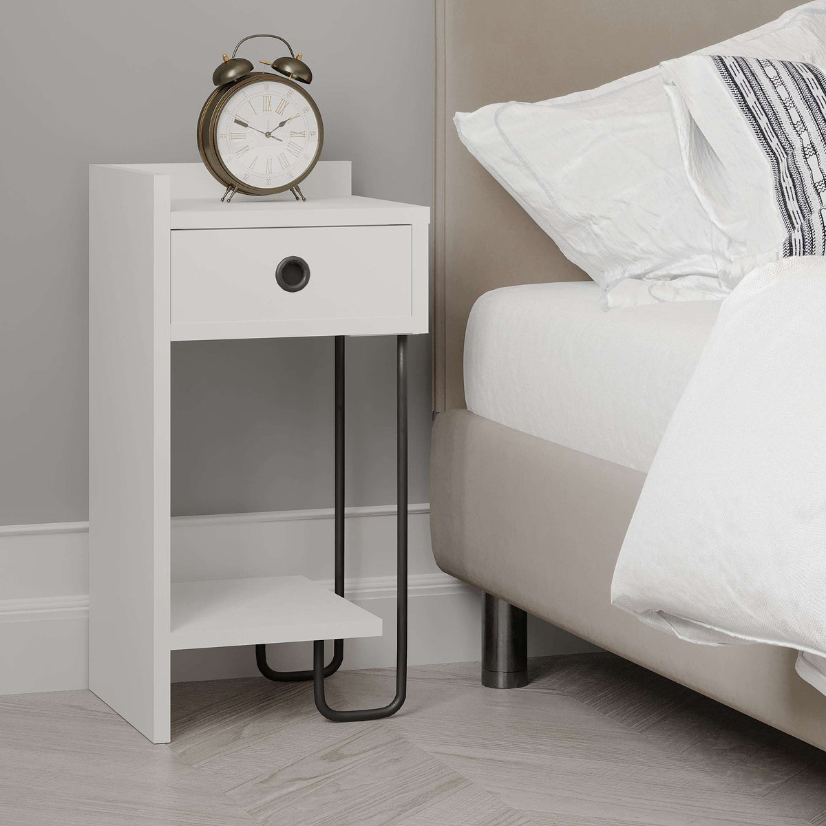 White bedside table module with round-pull drawer and open shelf next to bed