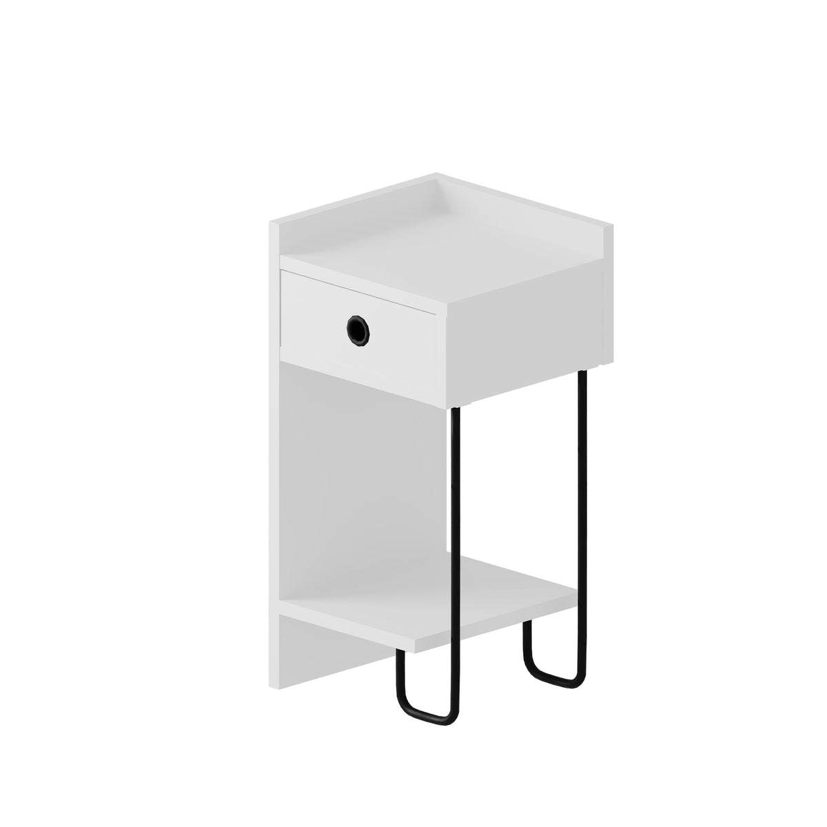 White bedside table with drawer, open shelf, and black metal legs