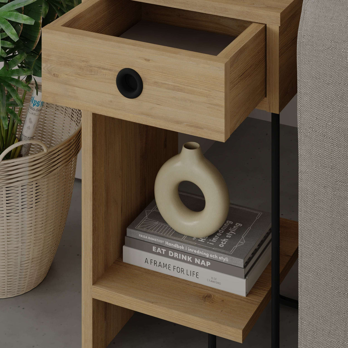 Oak bedside table module with round-pull drawer and open lower shelf