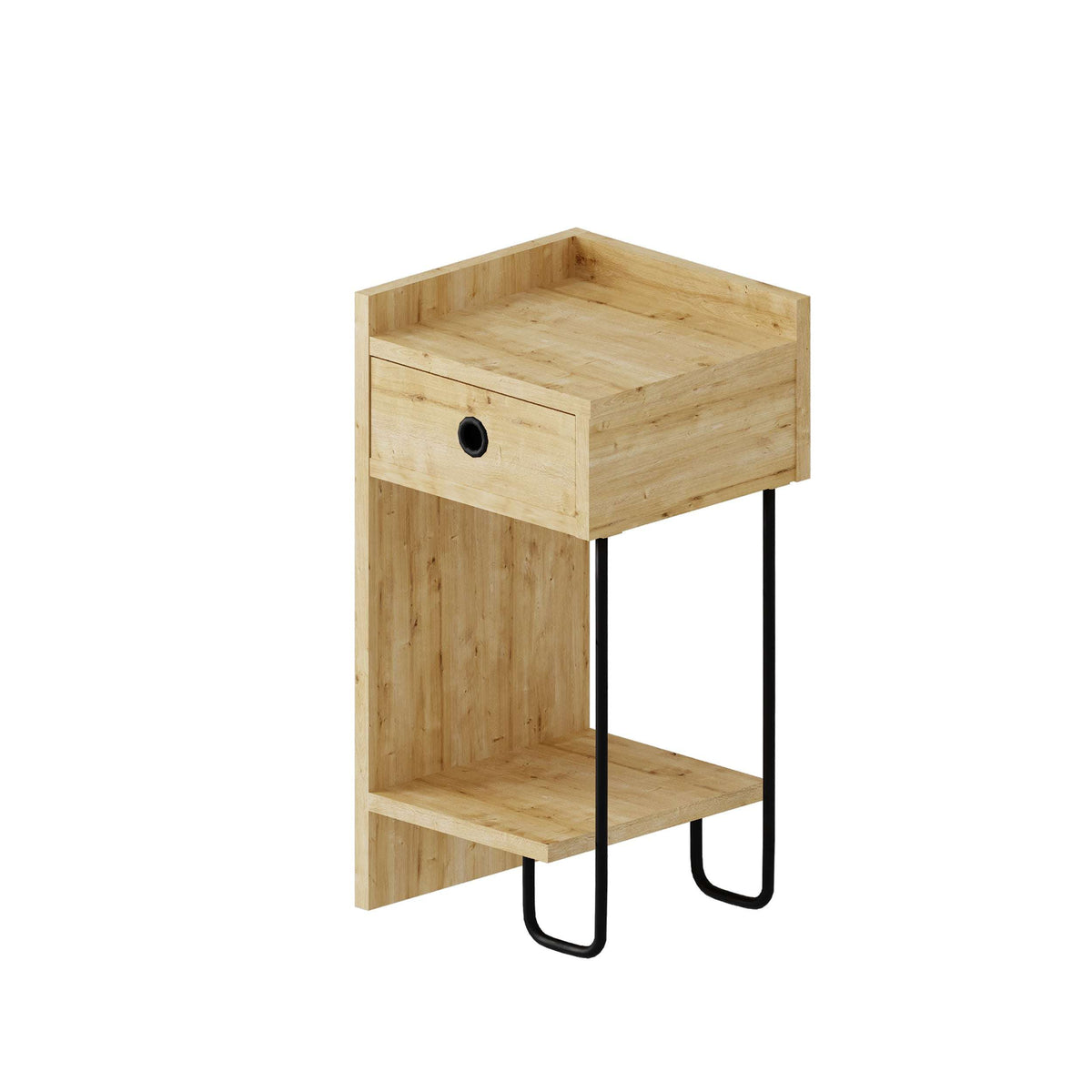 Light oak bedside table module with round-pull drawer, open shelf, black metal legs