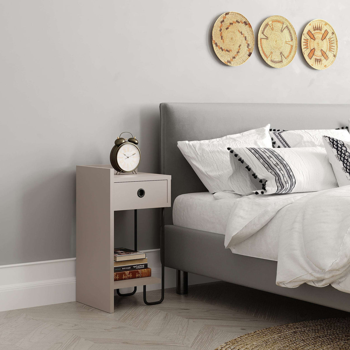 White bedside table module with drawer and open shelf, supported by black metal legs