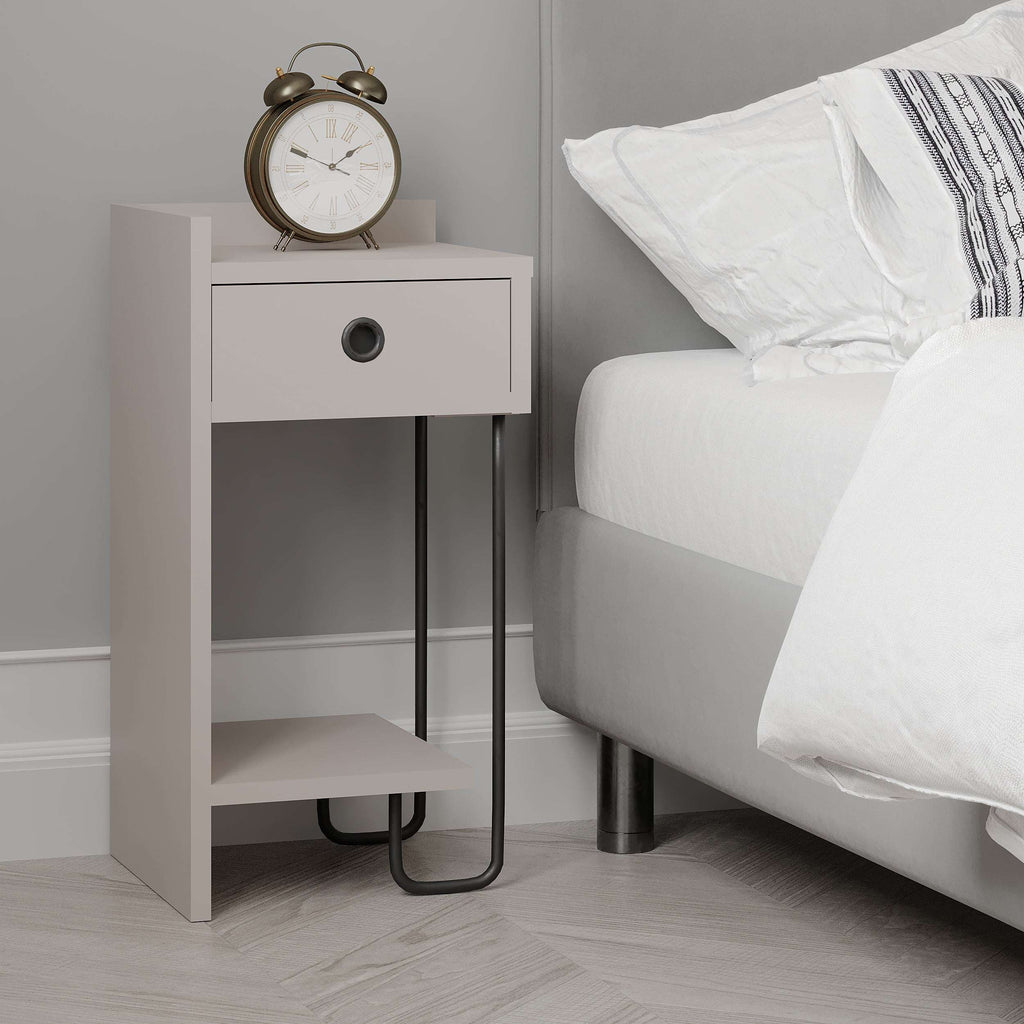 White bedside table module with front drawer, open shelf, and black metal U-shaped legs