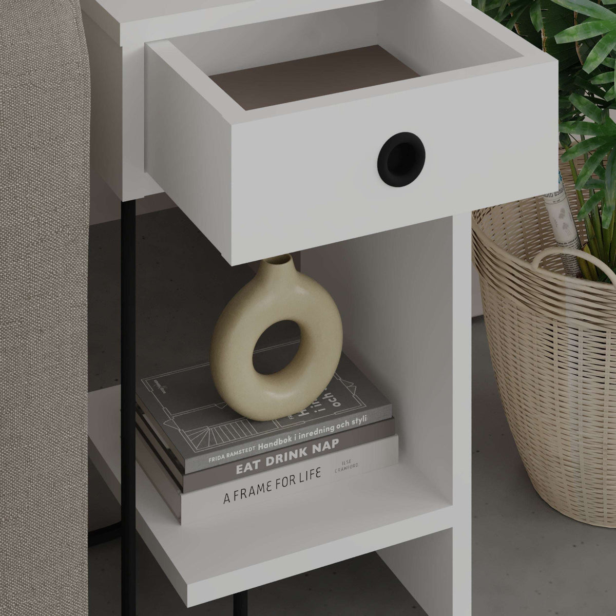 Light gray bedside table module with open drawer and lower shelf, black metal legs