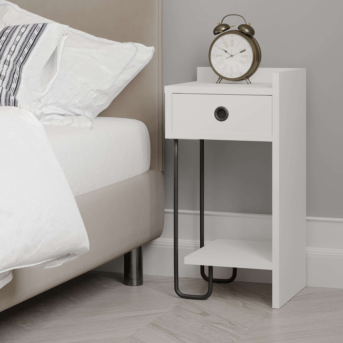 White bedside table module with drawer and open shelf, black metal legs, round knob