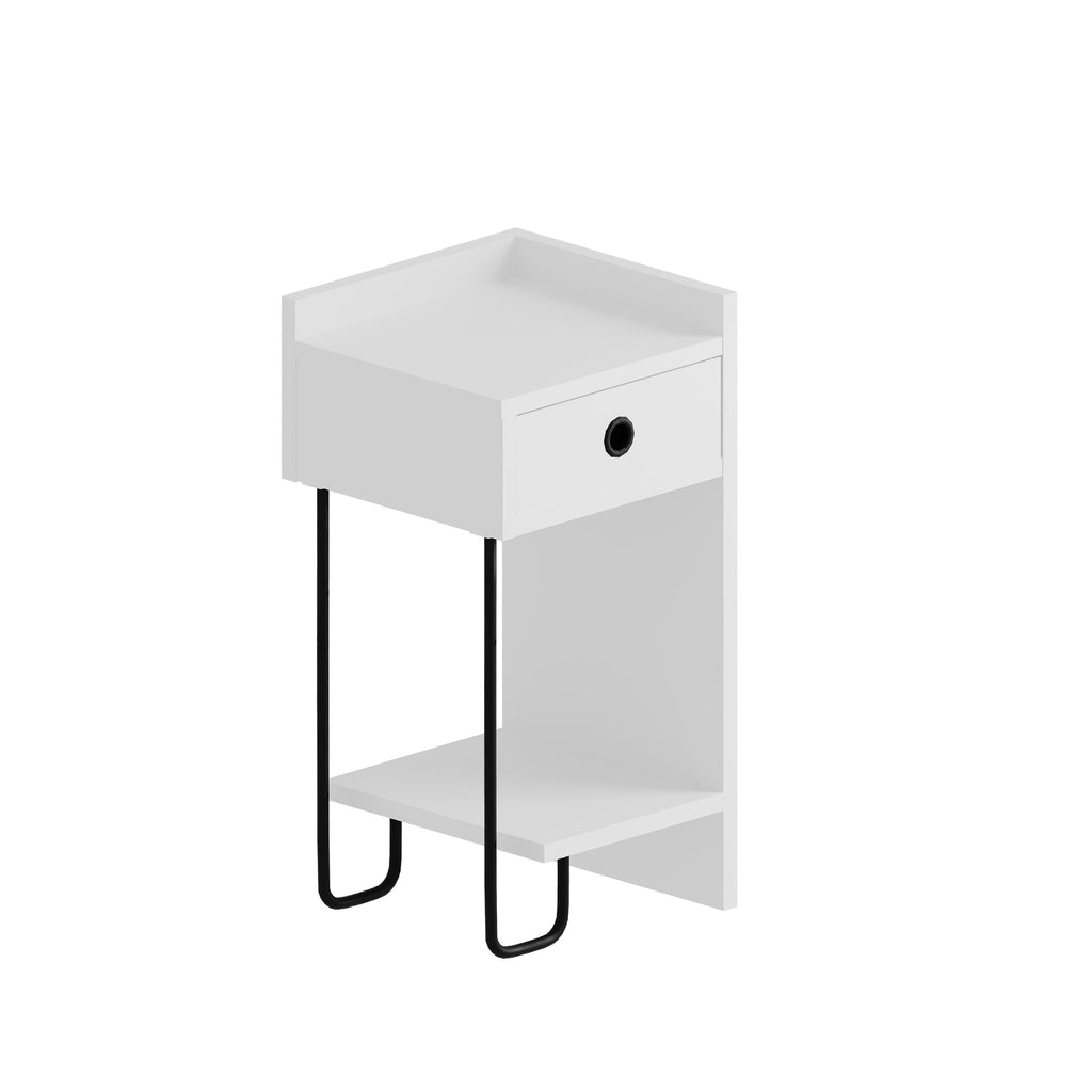 Light gray bedside table module with drawer and open shelf, black metal legs, round knob
