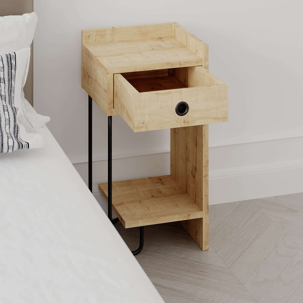 Oak bedside table module with open drawer cavity and lower shelf, black metal legs