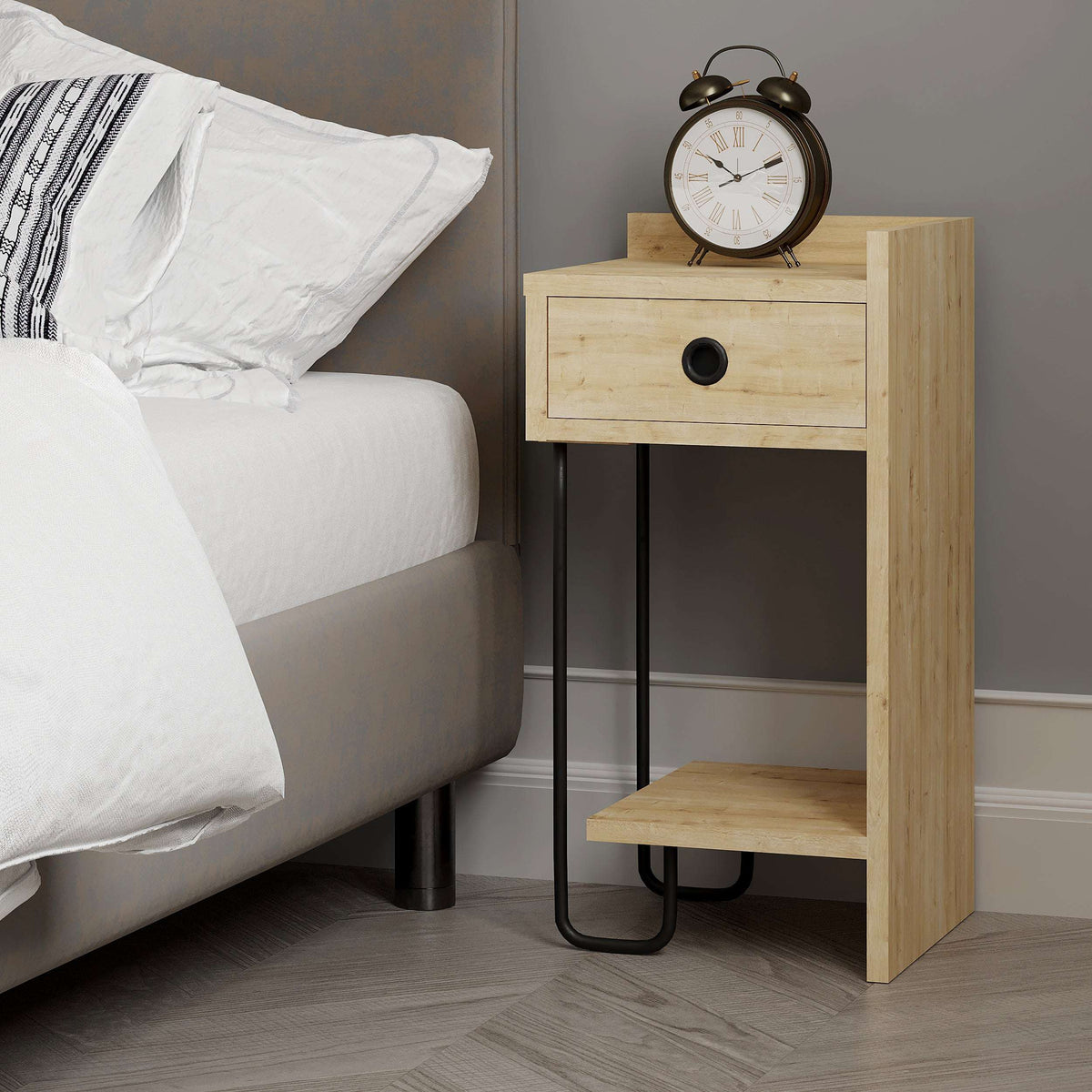 Oak bedside table module with drawer and open shelf, black metal legs, round knob