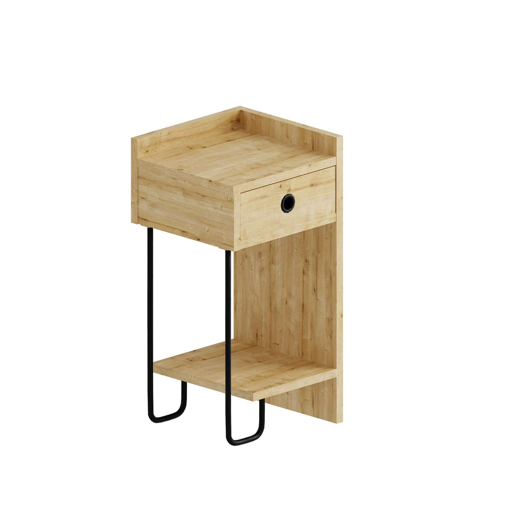 Oak bedside table module with drawer and open shelf, black metal legs, round knob
