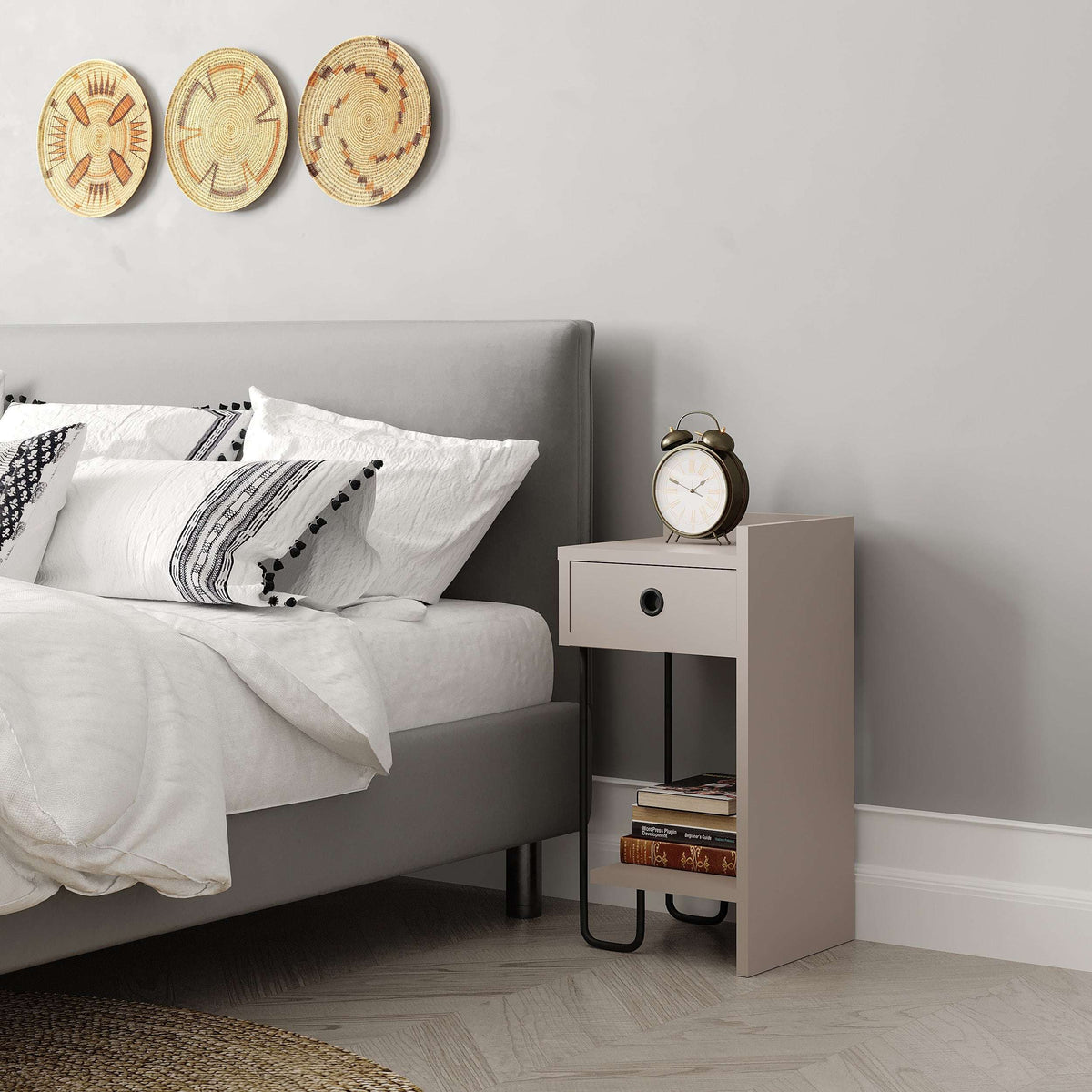 White bedside table right module with drawer front and open shelves, black metal legs