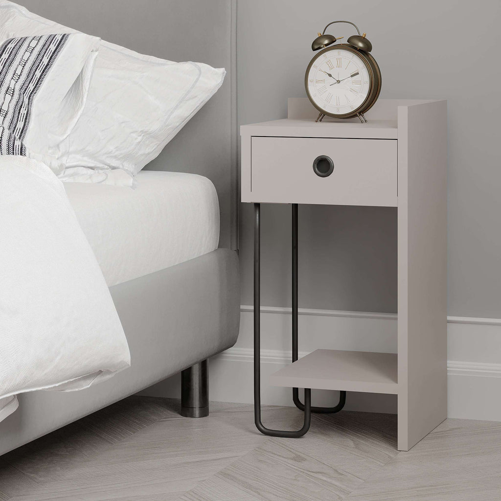 White bedside table right module with drawer and open storage, black metal frame legs