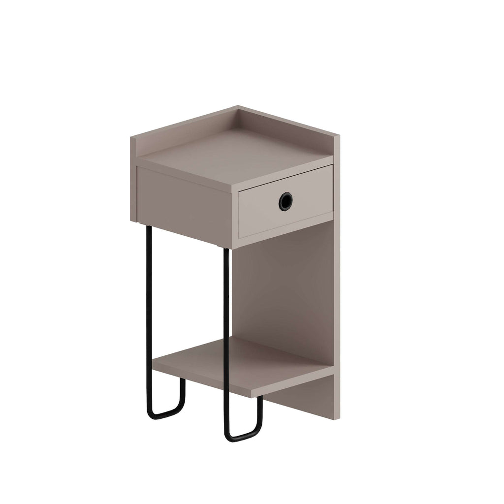 Light gray bedside table module with drawer and open shelf, black metal legs, round knob