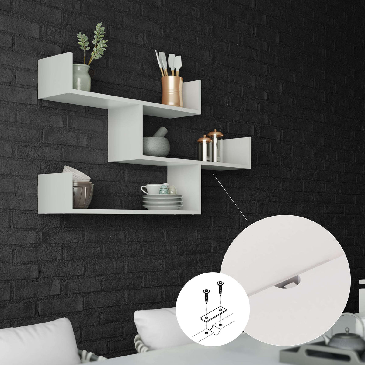 White floating wall bookcase shelf unit with three open compartments
