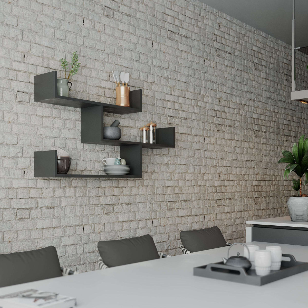 Black floating wall shelf unit with three open compartments