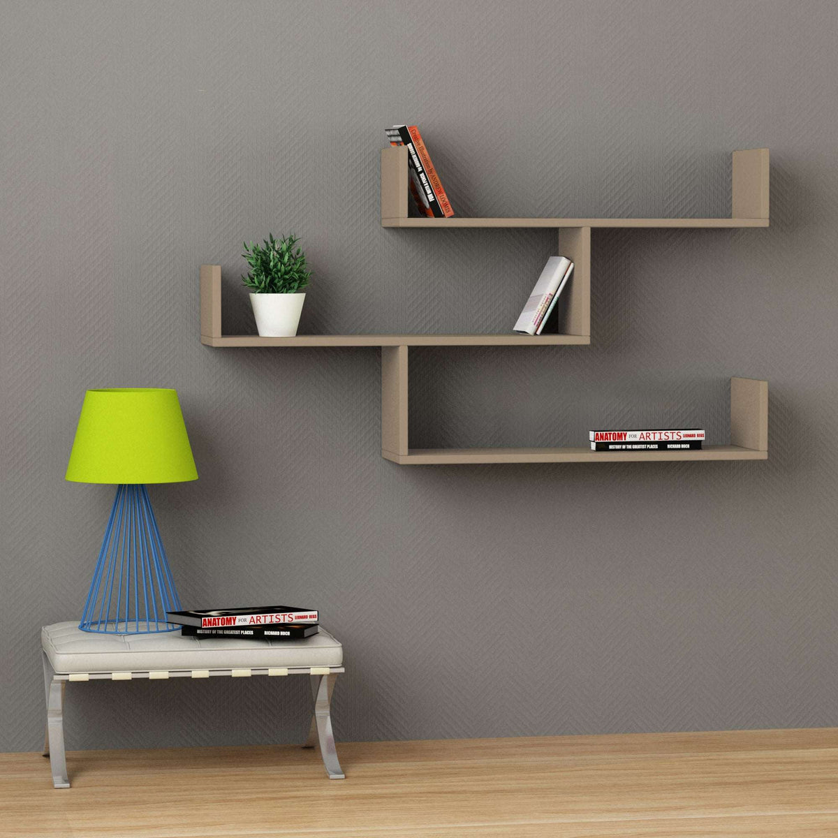 Floating wall bookcase with three open shelves in light wood, modern cube design