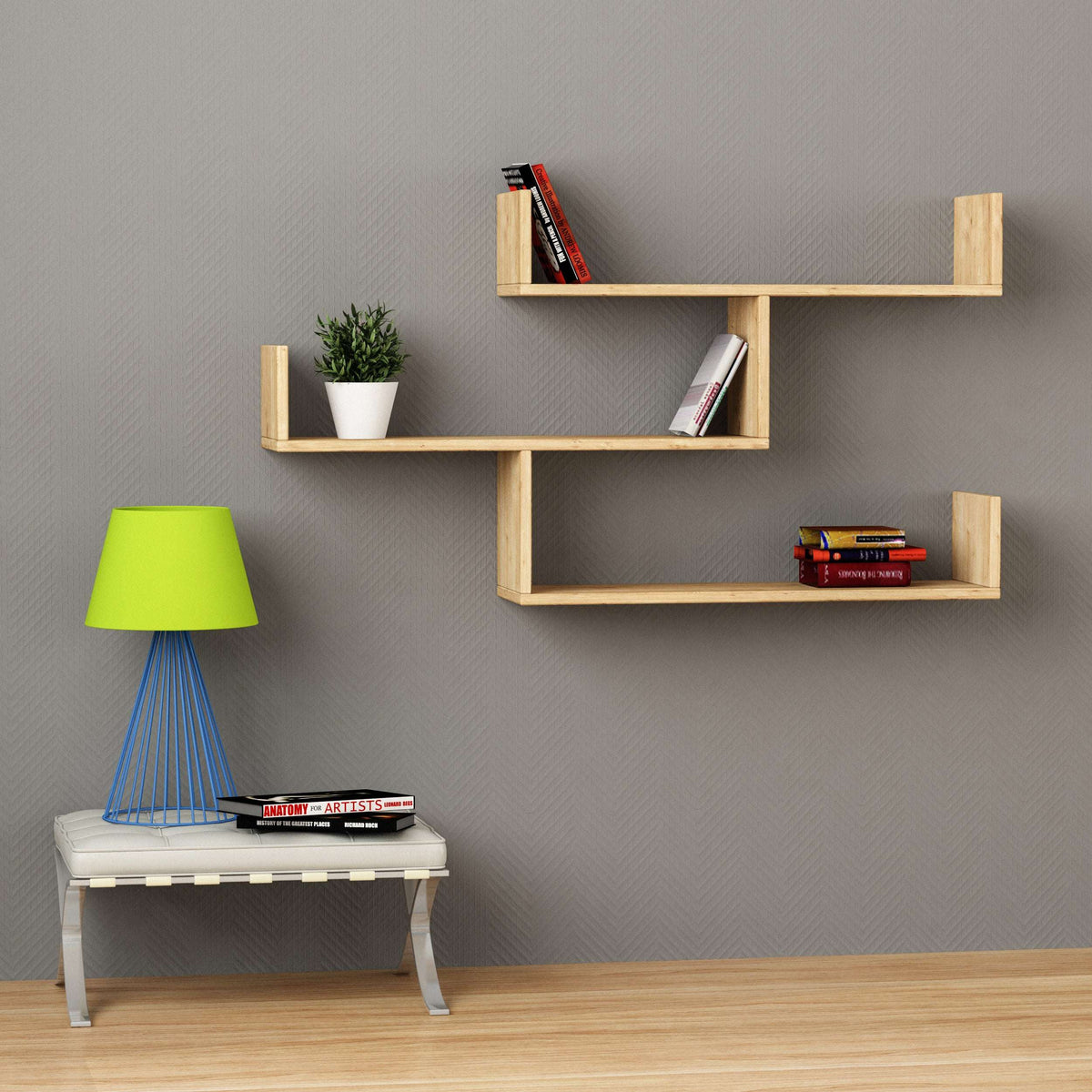 Floating wall bookcase with three open shelves in light oak, modern cube design