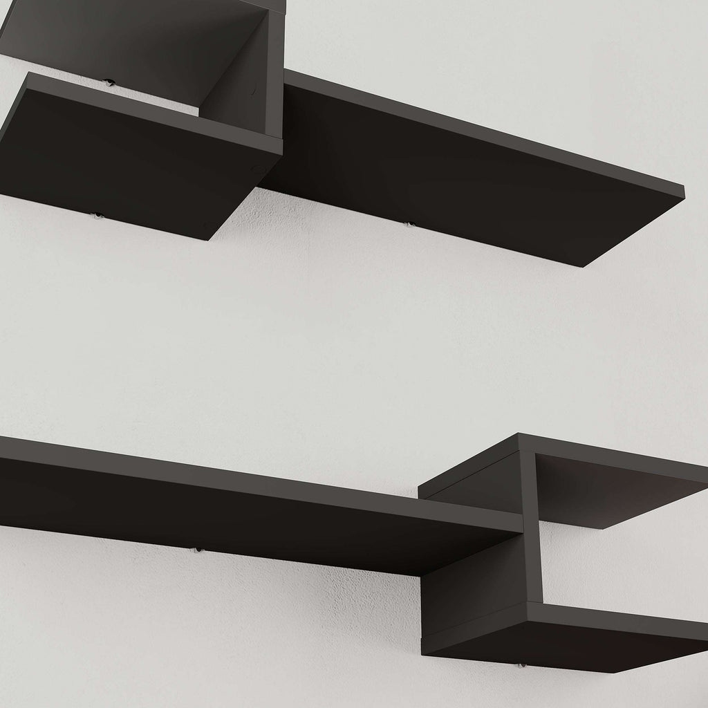 Anthracite floating shelf set, underside view of open ledges and cube supports