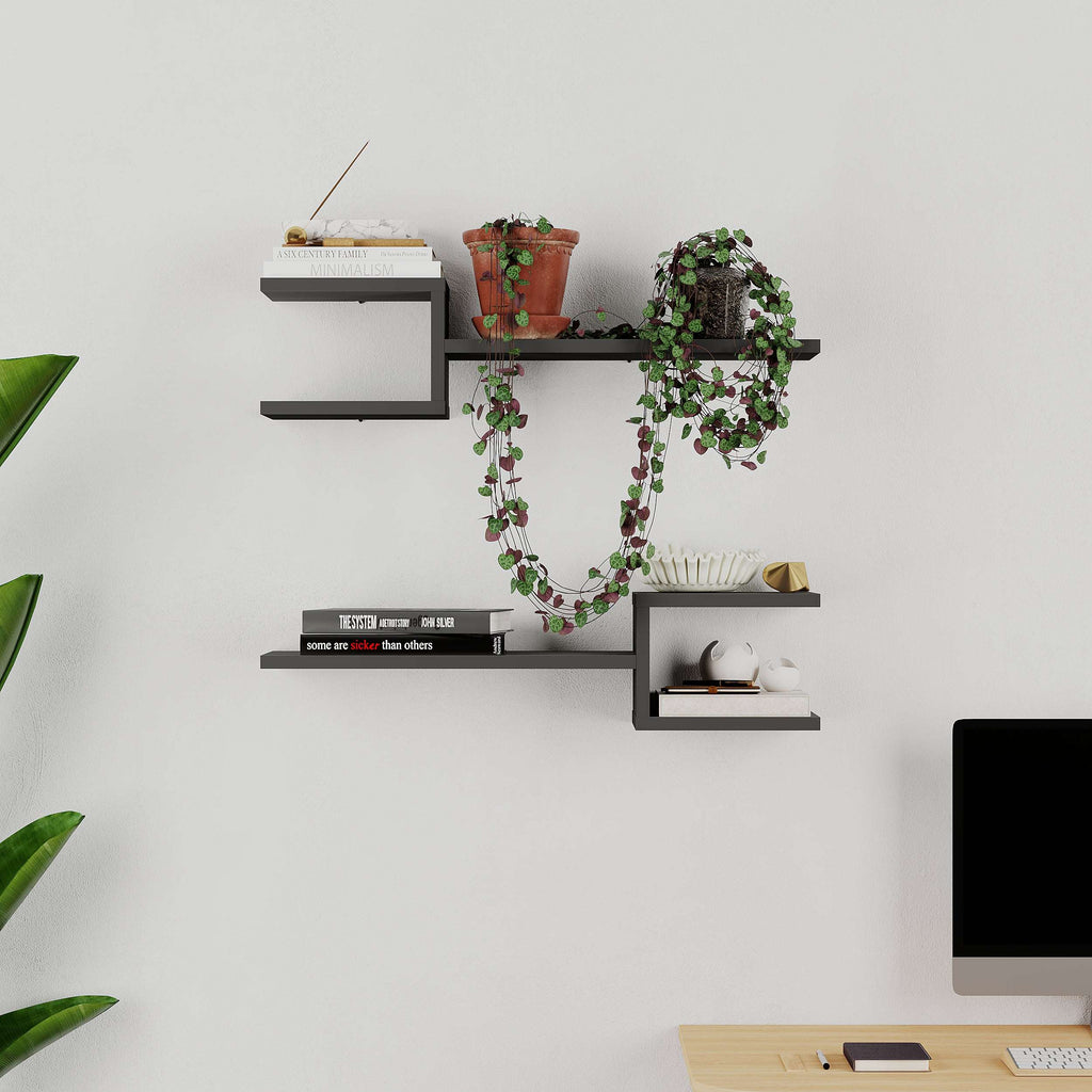Floating shelf set with dark gray shelves and open cube supports for wall decor