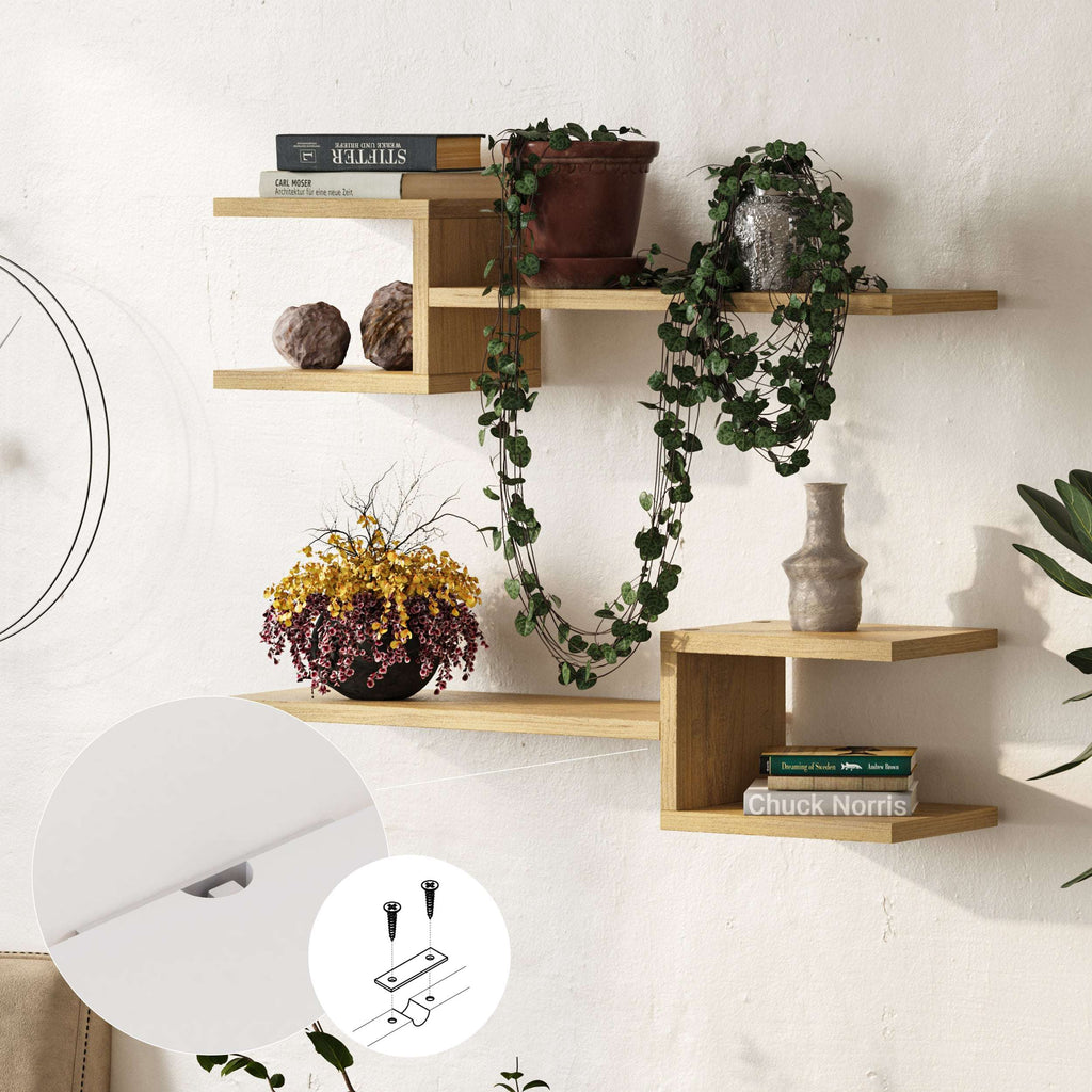 Floating shelf set with light oak shelves and open cube niches for decor and books