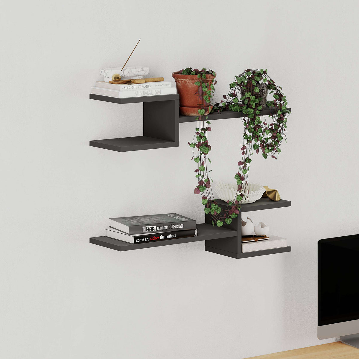 Anthracite floating shelf set with open cubes and stepped wall-mounted ledges