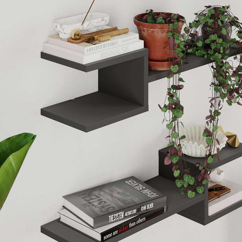 Anthracite floating shelf set with stepped corner compartments and open shelf spaces