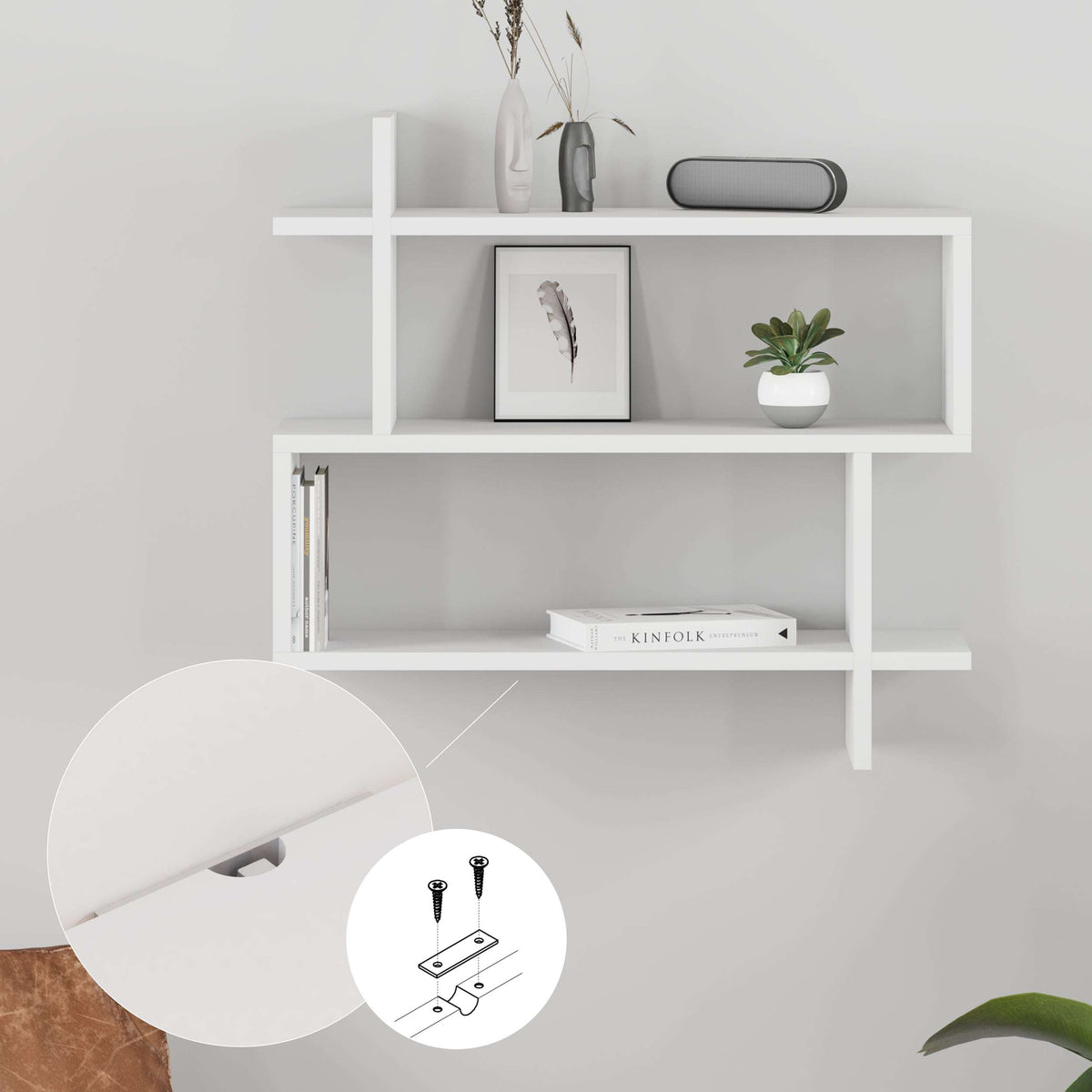 White 2-tier wall shelf unit with three open compartments for books and decor
