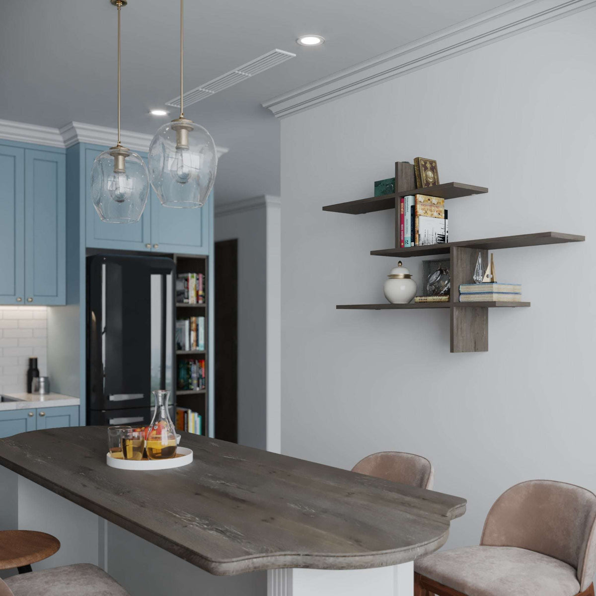 Tall floating wall shelf unit with three open tiers in dark gray
