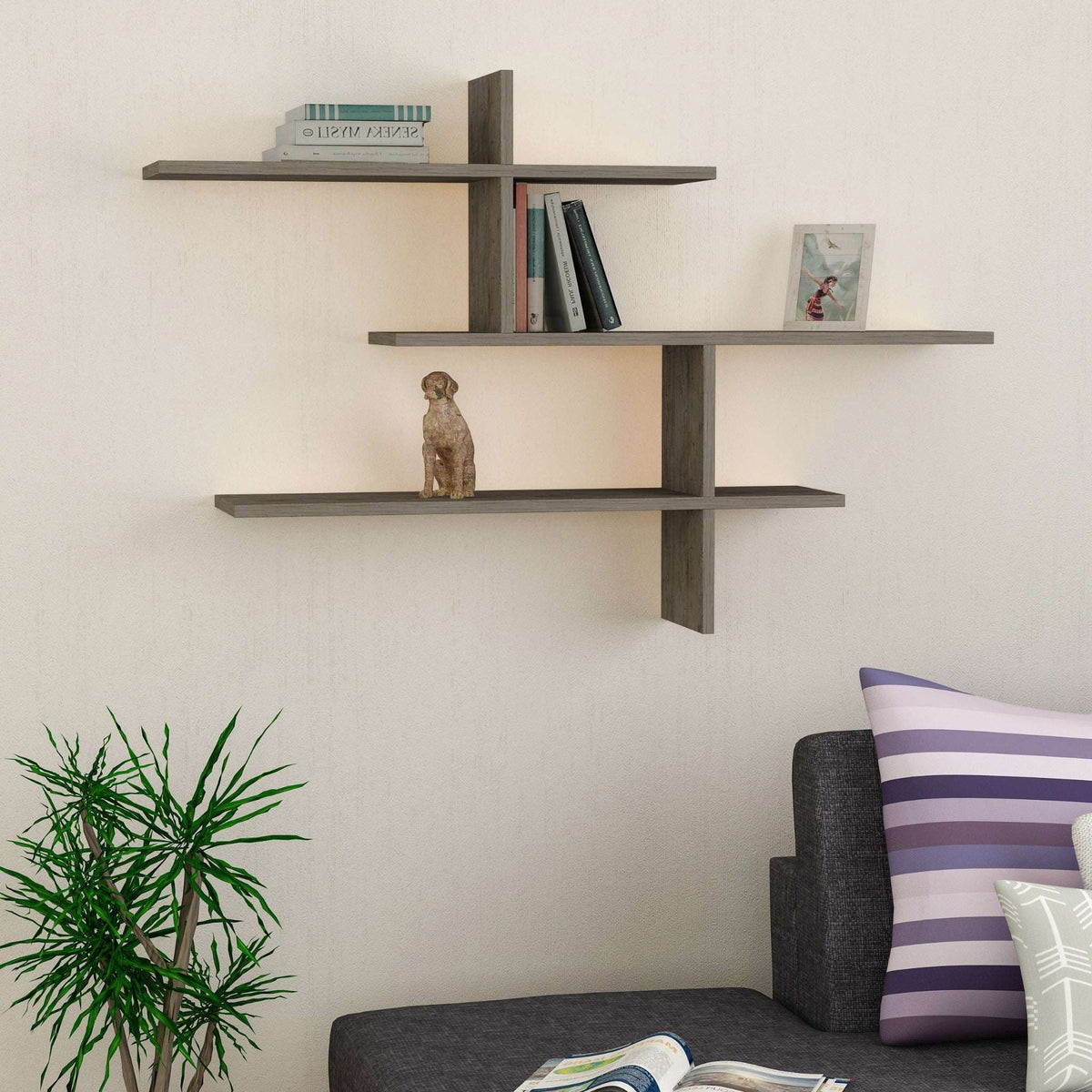 Tall wall-mounted floating shelf set with three tiers, dark coffee wood finish