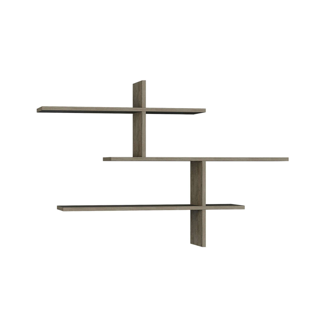 Tall floating wall shelf unit with three open tiers in dark coffee wood