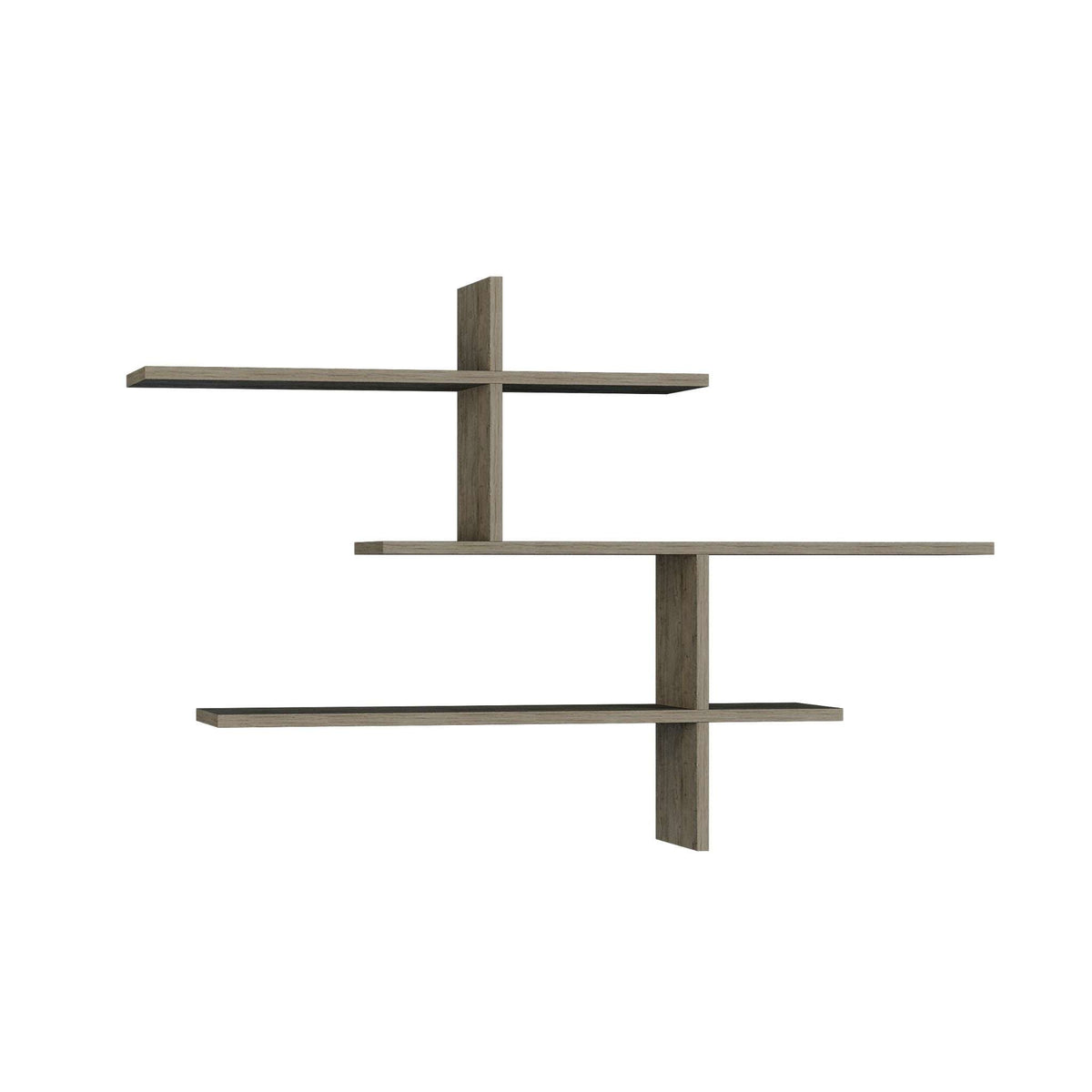 Tall floating wall shelf unit with three open tiers in dark coffee wood