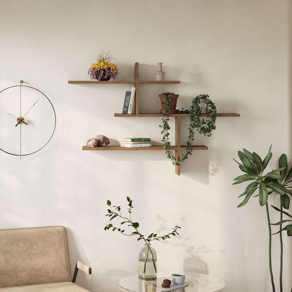 Tall wall-mounted floating shelf set with three tiers, warm wood finish