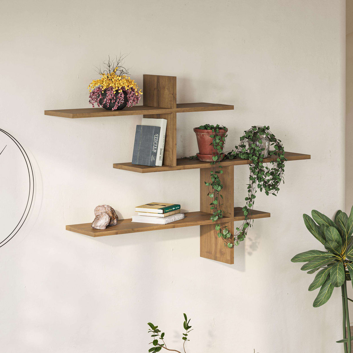 Tall wall-mounted floating shelf set with three tiers, warm wood finish