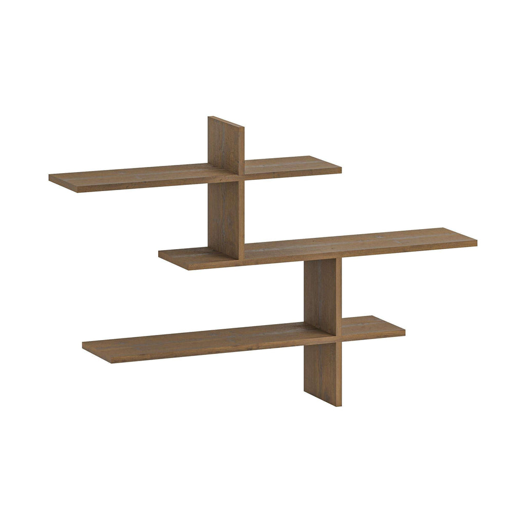 Tall wall-mounted floating shelf set with three tiers, light brown wood finish