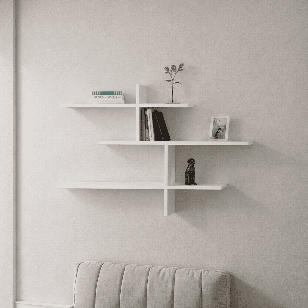 White floating wall shelf with three shelves, showing top and side compartments