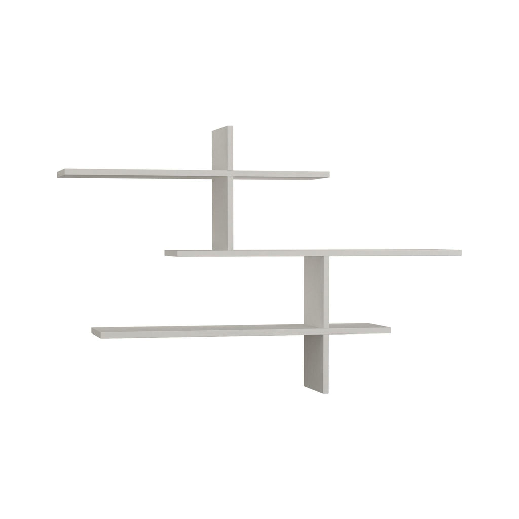 White floating wall shelf with three tiers and a central vertical bracket