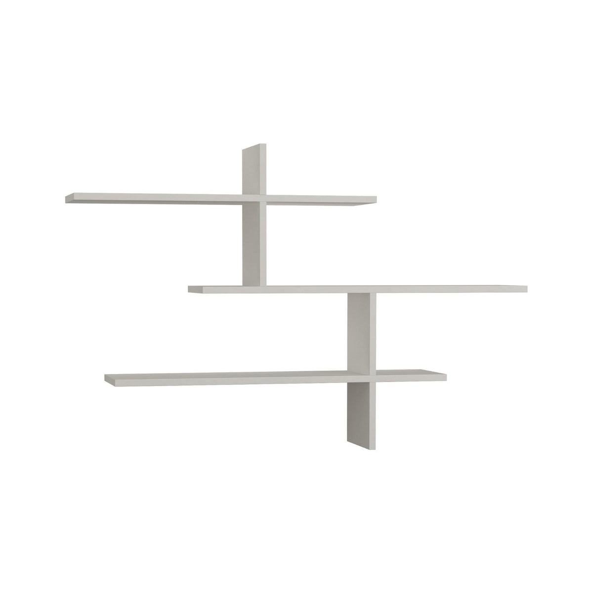 White floating wall shelf with three tiers and a central vertical bracket