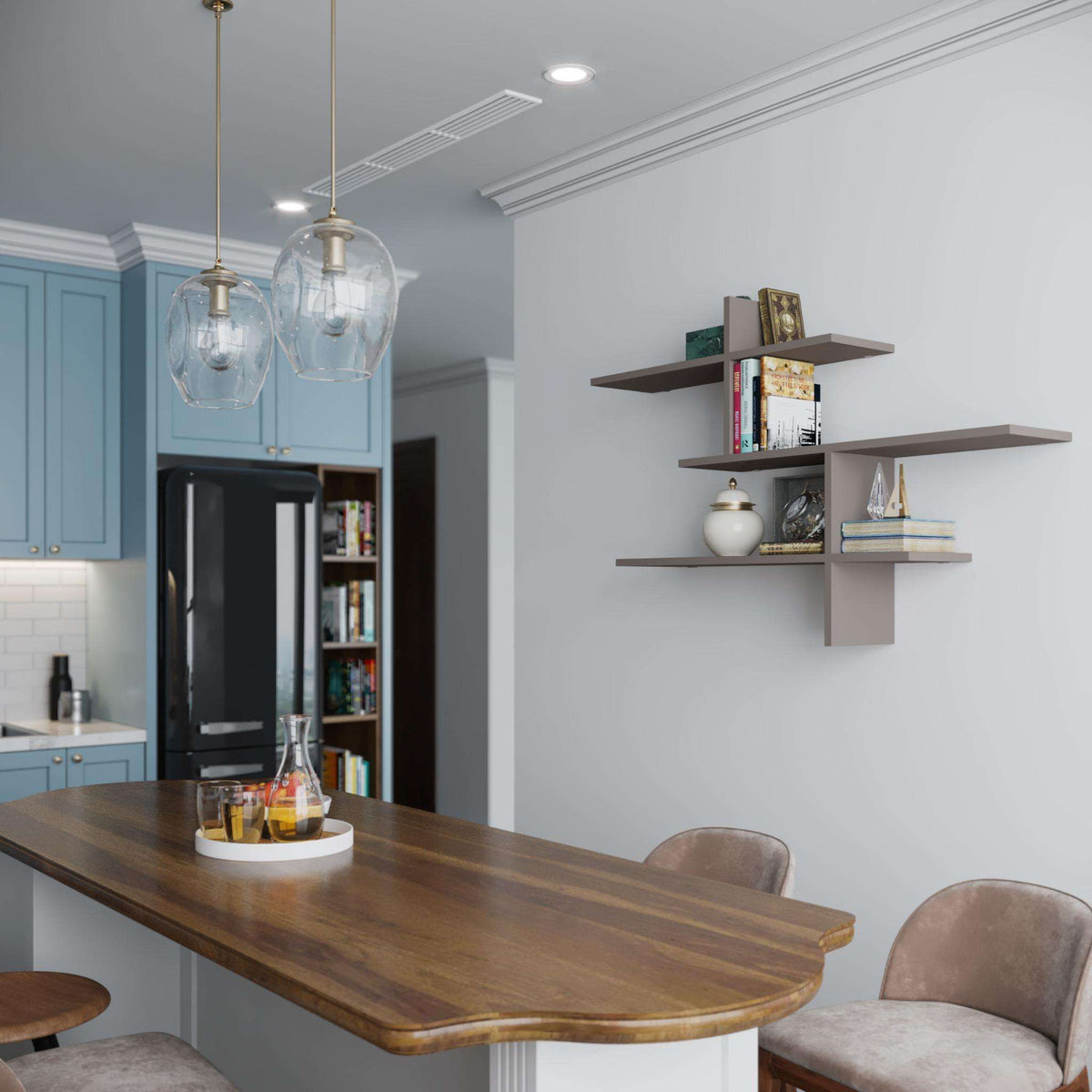 Tall floating wall shelf unit with three open tiers in dark gray