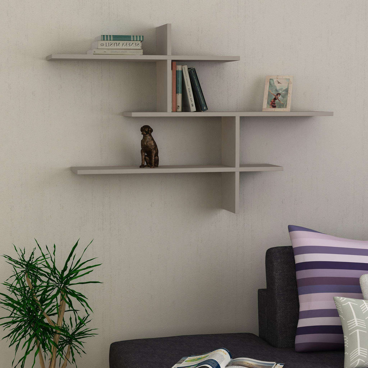 Tall floating wall shelf unit with three open tiers in white