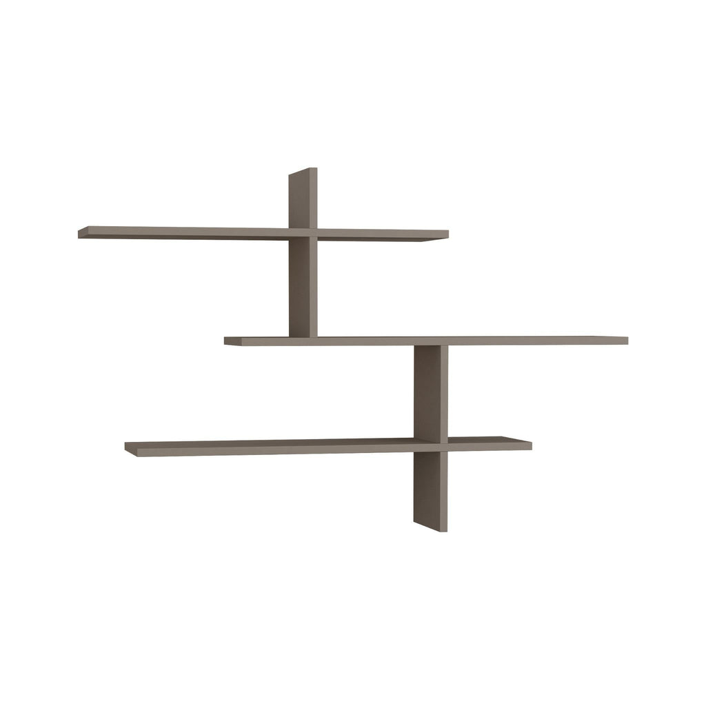Tall floating wall shelf unit with three open tiers in dark gray wood