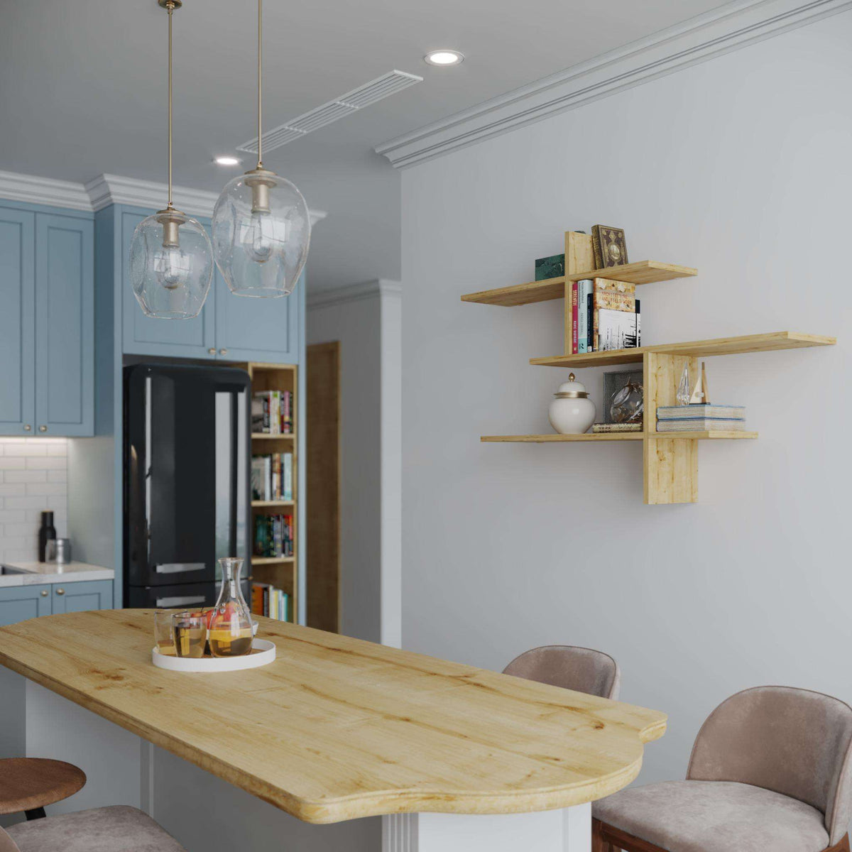 Tall floating wall shelf unit with three open tiers in light oak wood
