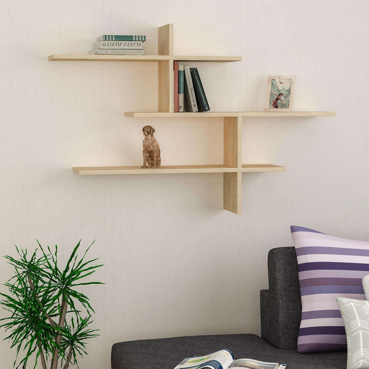 Tall floating wall shelf unit with three open tiers in oak wood