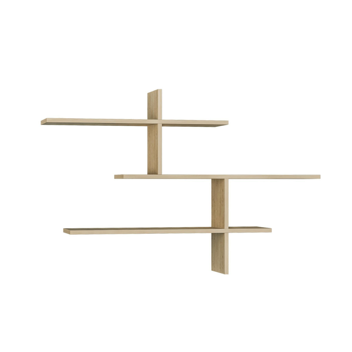 Tall floating wall shelf unit with three open tiers in pale oak finish