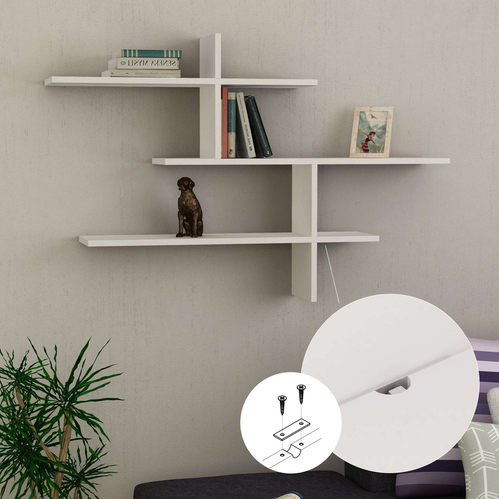 White floating wall shelf with three tiers and side cutout bracket detail