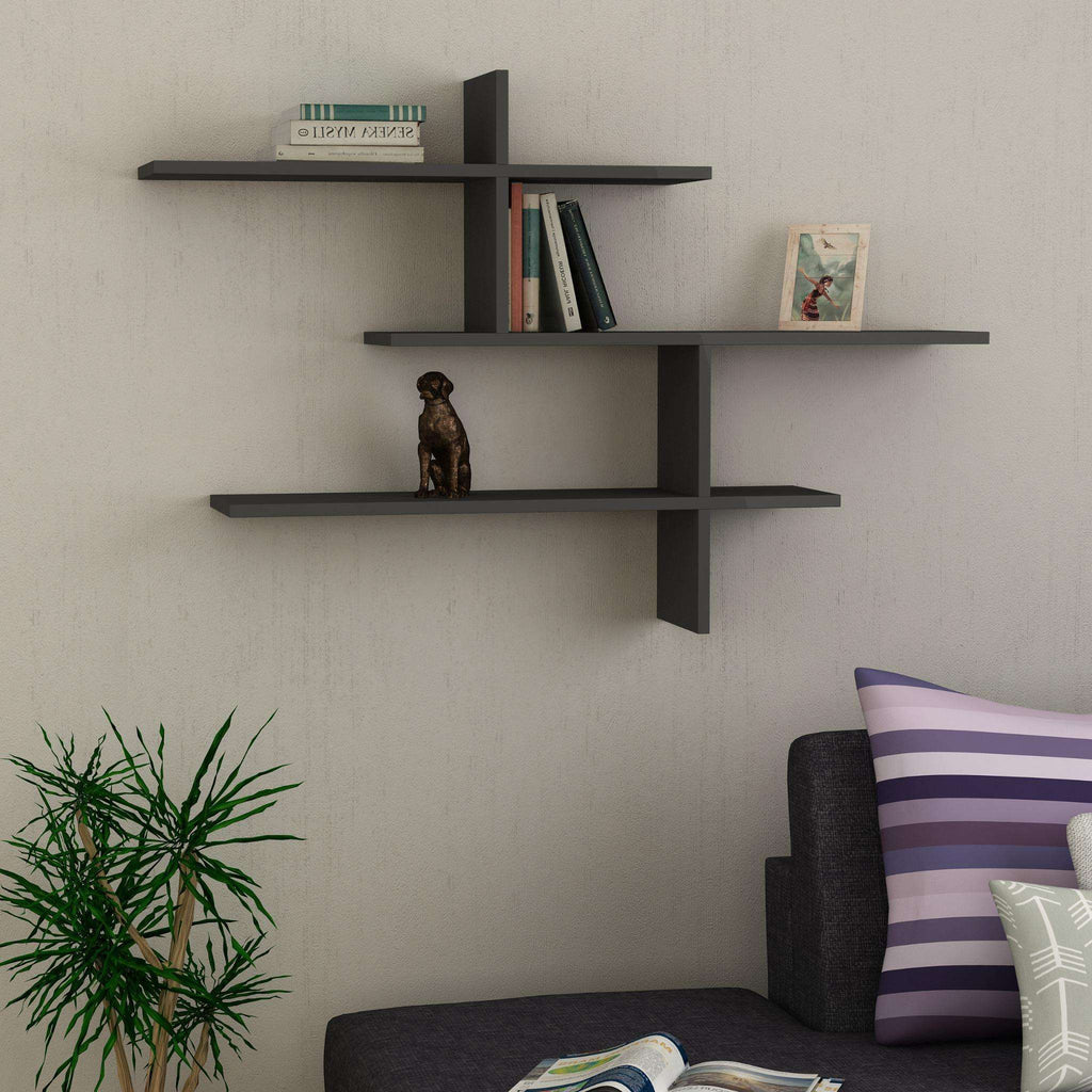 Anthracite floating wall shelf with three horizontal compartments and vertical cross support