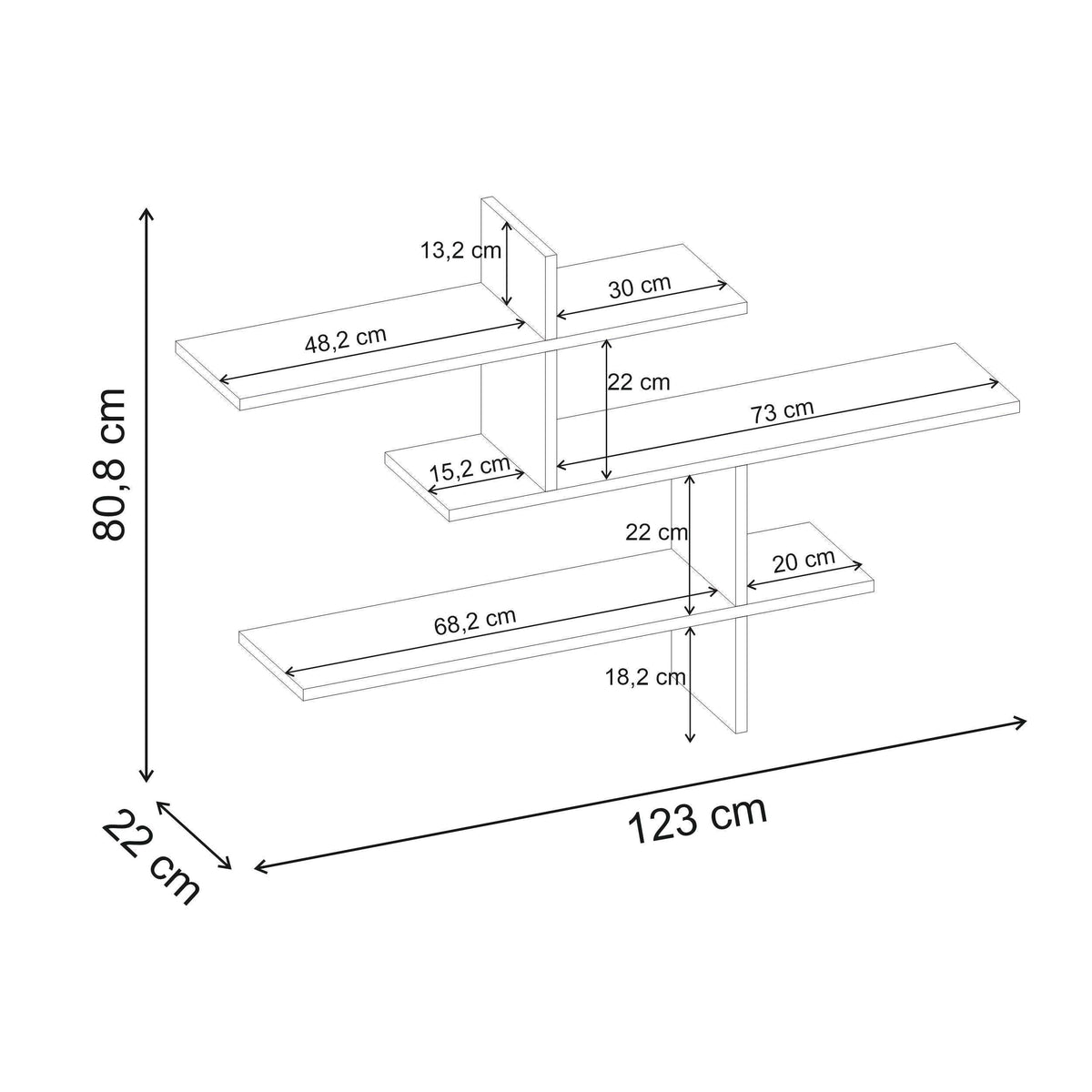 Floating wall shelf dimensions diagram with labeled width and depth measurements