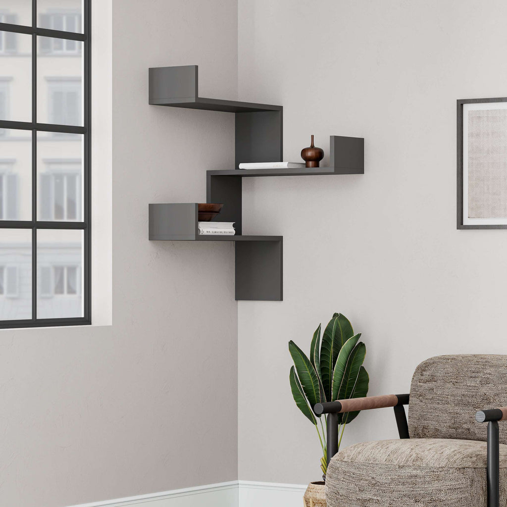 Anthracite corner wall-mounted bookcase with three open display shelves