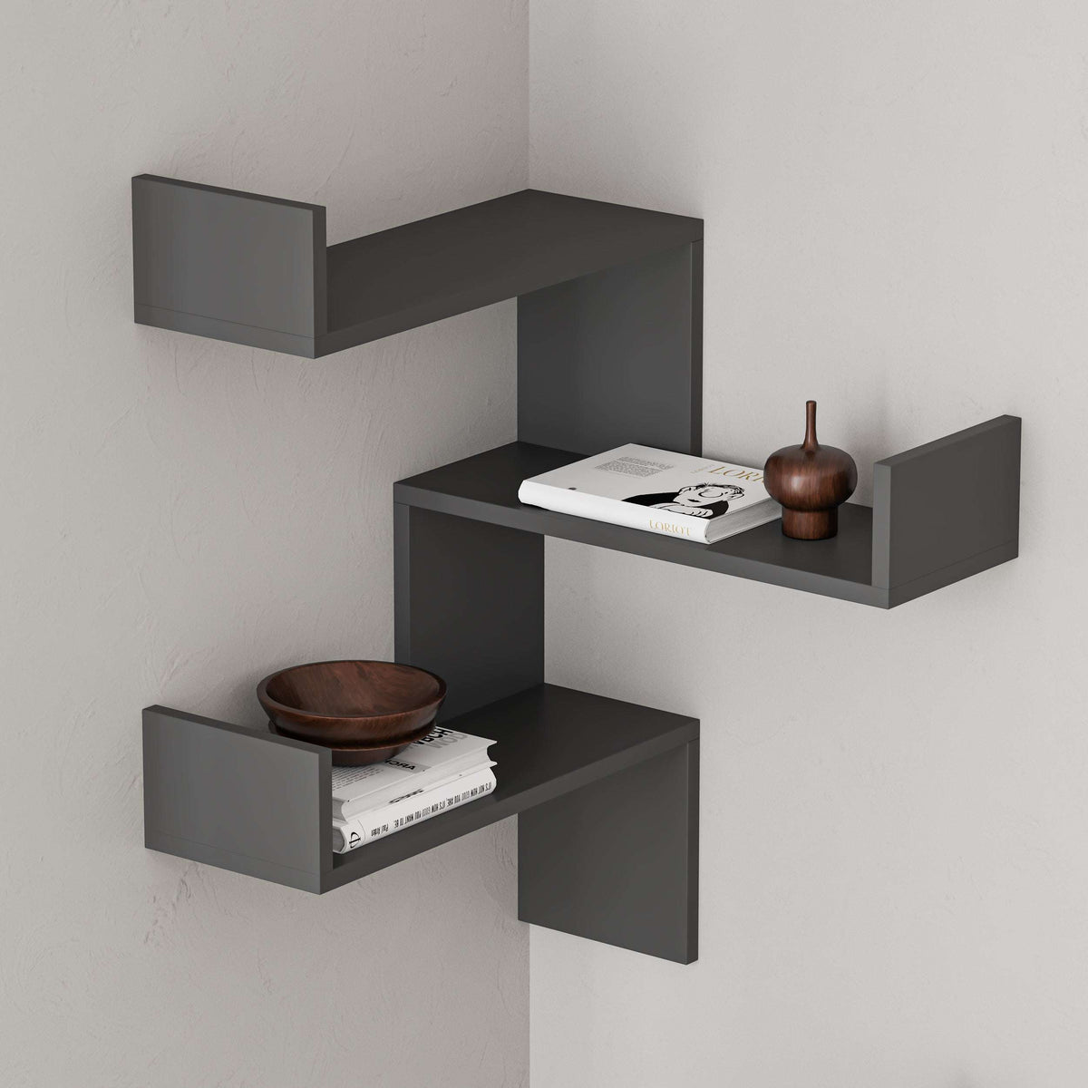 Anthracite corner wall-mounted bookcase with three open shelves and side supports