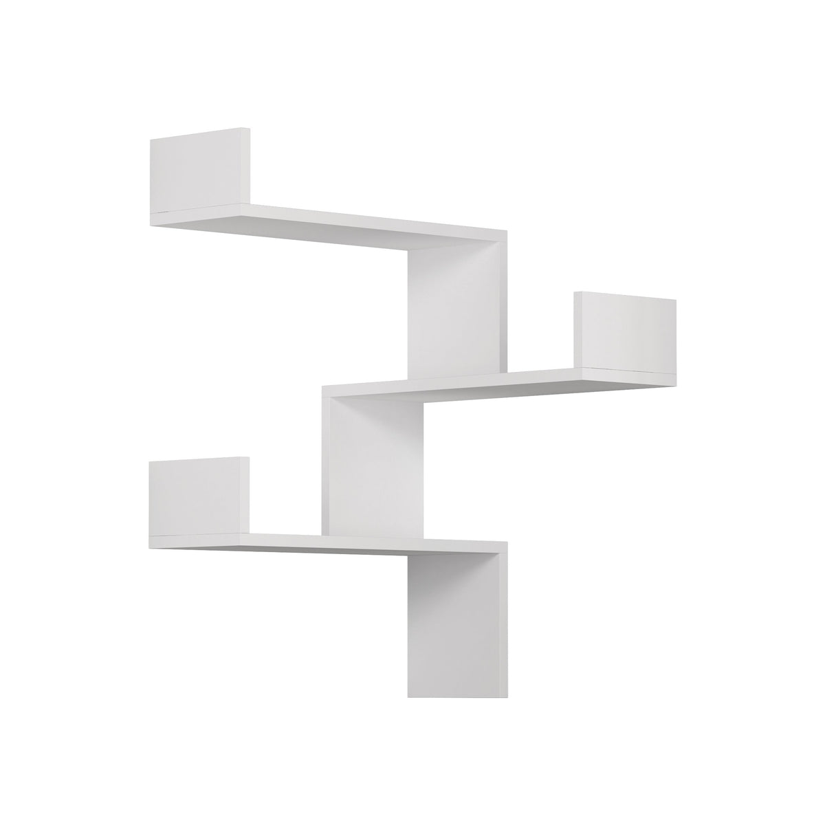 White corner wall-mounted bookcase with three open stepped shelves, angled view