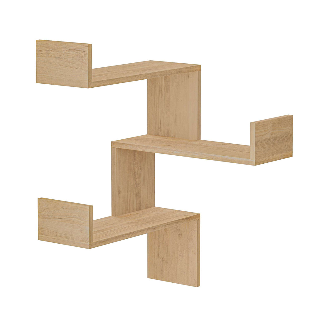 Natural oak corner wall-mounted bookcase with three open stepped shelves